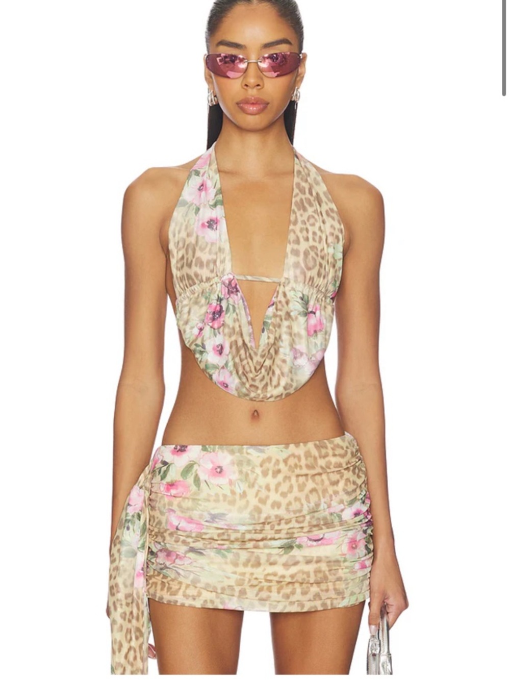 Tiger mist Floral Leopard Print Halter Bikini Set in Beige and Pink